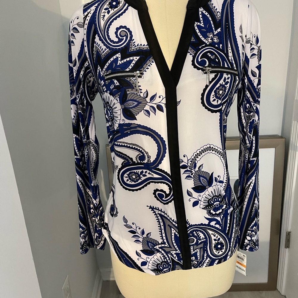 INC. International Concepts Royal Blue, Grey & Black Paisley V-Neck Blouse- NWT